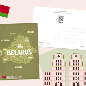 May include: Illustrated postcard featuring a map of Belarus with the country's name in large white letters. The map is green with brown outlines and shows major cities and surrounding countries. The postcard also includes a small flag of Belarus and information about the country's capital, language, and currency.