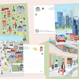 Ensemble de cartes postales avec les gens de la ville