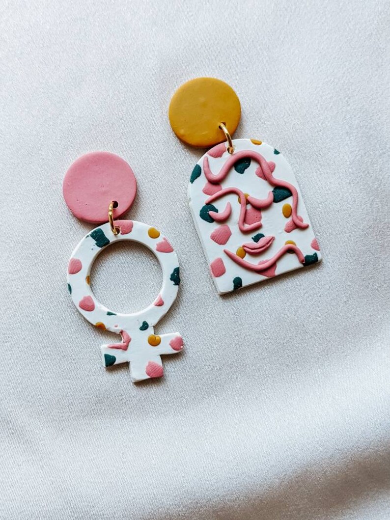 boss babe earrings \u2022 womens day earrings \u2022 womens history month jewelry \u2022 feminist earrings \u2022 handmade clay earrings \u2022 asymmetrical earrings
