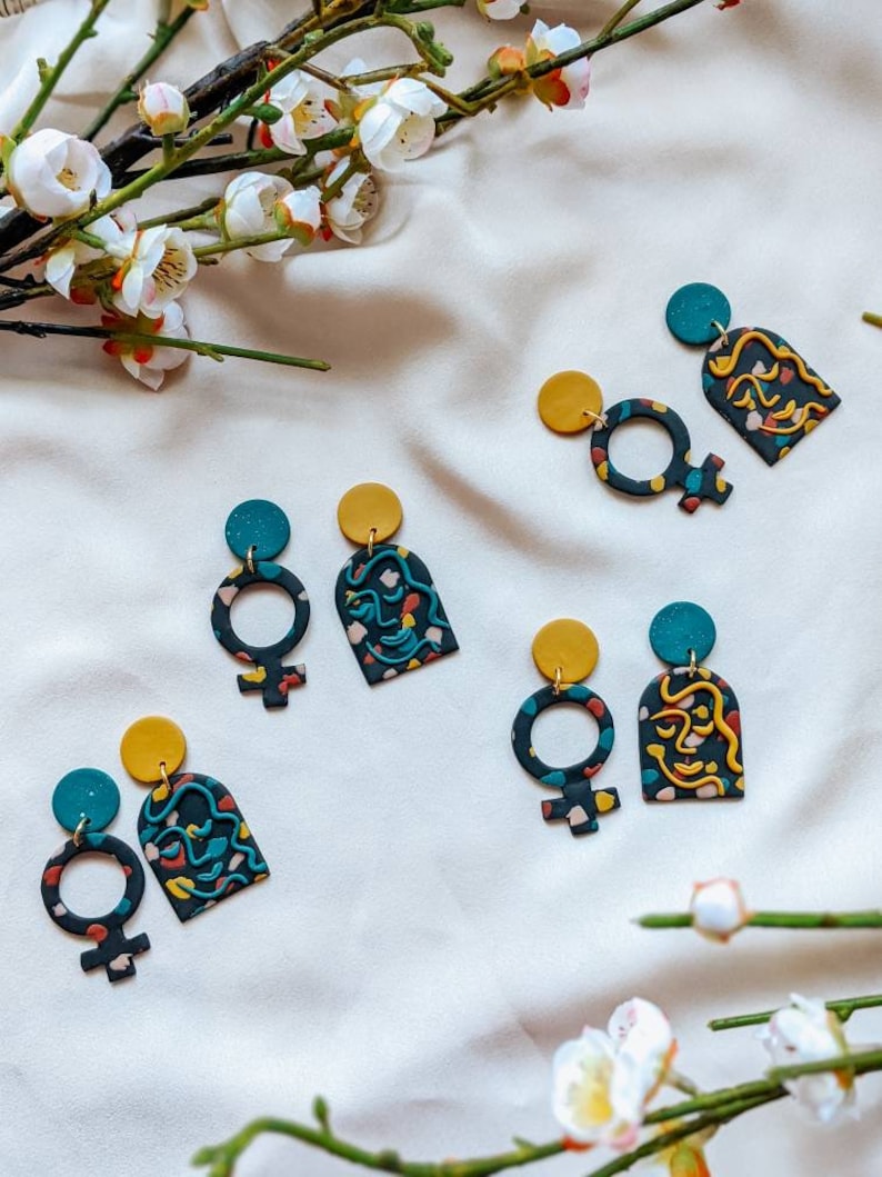 boss babe earrings \u2022 womens day earrings \u2022 womens history month jewelry \u2022 feminist earrings \u2022 handmade clay earrings \u2022 asymmetrical earrings