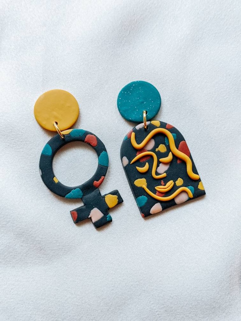 boss babe earrings \u2022 womens day earrings \u2022 womens history month jewelry \u2022 feminist earrings \u2022 handmade clay earrings \u2022 asymmetrical earrings