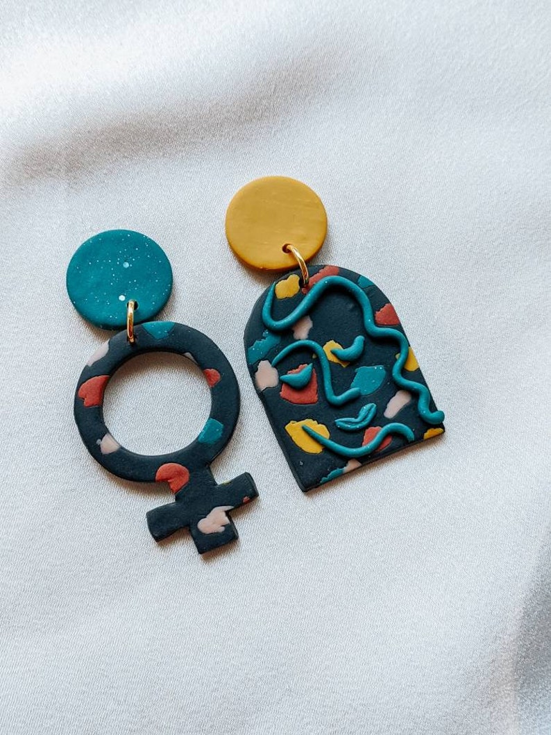 boss babe earrings \u2022 womens day earrings \u2022 womens history month jewelry \u2022 feminist earrings \u2022 handmade clay earrings \u2022 asymmetrical earrings