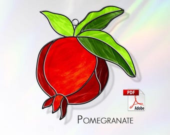 Pomegranate stained glass pattern. Pomegranate suncatcher. Template for making stained glass. PDF Digital Download