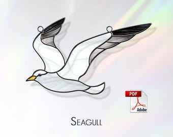 Seagull stained glass pattern. Bird suncatcher. Template for making stained glass. PDF Digital Download