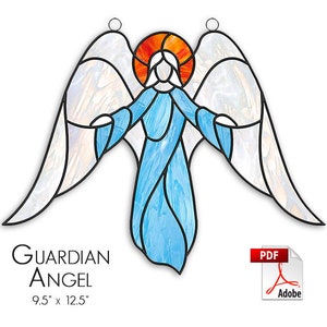 Guardian Angel stained glass pattern. Praying Angel suncatcher. Flying Angel template for making stained glass. PDF Digital Download