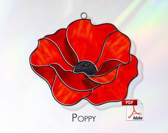 Poppy Stained Glass Pattern. Flower suncatcher. Poppy template for making stained glass. PDF Digital Download