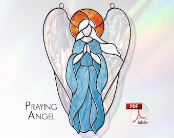 Praying Angel stained glass pattern. Guardian Angel suncatcher. Praying Angel template for making stained glass. PDF Digital Download