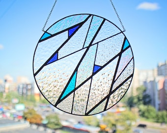 Contemporary stained glass suncatcher. Modern stained glass window hanging. Stained glass abstract window hanging panel. Circle stain glass