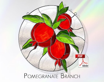 Pomegranate branch stained glass pattern. Pomegranate suncatcher. Template for making stained glass. PDF Digital Download