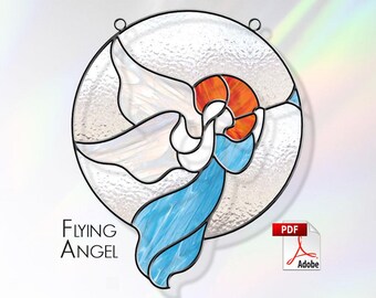Flying Angel stained glass pattern. Guardian Angel suncatcher. Angel with trumpet. Template for making stained glass. PDF Digital Download