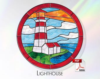 Lighthouse Stained Glass Pattern. Seascape suncatcher. Template for making stained glass. PDF Digital Download