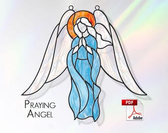 Praying Angel stained glass pattern. Guardian Angel suncatcher. Praying Angel template for making stained glass. PDF digital download