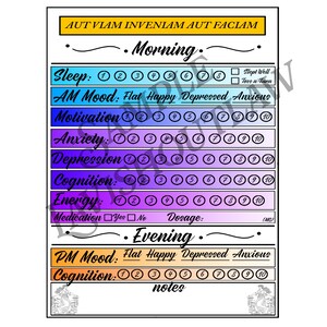 May include: A printable mood tracker with a colorful gradient background. The tracker includes sections for morning and evening, with categories for sleep, mood, motivation, anxiety, depression, cognition, and energy. Each category has a scale of 1 to 10. There are also sections for medication, dosage, and notes.