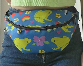 Frog Rainbow Print Fanny Pack | Frog Fanny Pack| Nature Fanny Pack | Strawberries | Frogs | Violets | Bees | Queer Artist | LGBTQ+ |