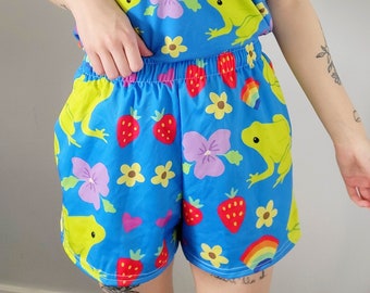 Frog Rainbow Strawberry Print Shorts | Frog Shorts | Nature Shorts | Rainbow Shorts | Queer Artist | Queer Designed | LGBTQ+ | Violets | Fun