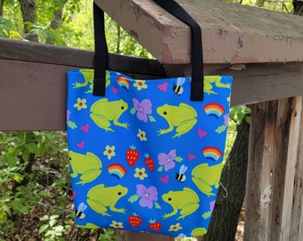Frog and Rainbow Tote Bag | Nature Tote Bag |Queer Bag | Frog Bag |Book bag| Tote Bag |Large Bag | Rainbow Bag