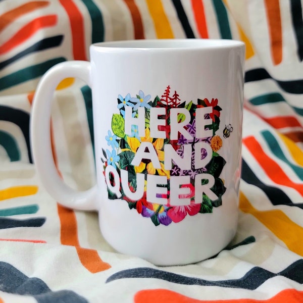 Here and Queer Floral Embroidery Inspired Large Mug | Queer Mug | Nature Mug | LGBTQ+ Mug | Queer Artist | Here and Queer | Queer Art | Gift