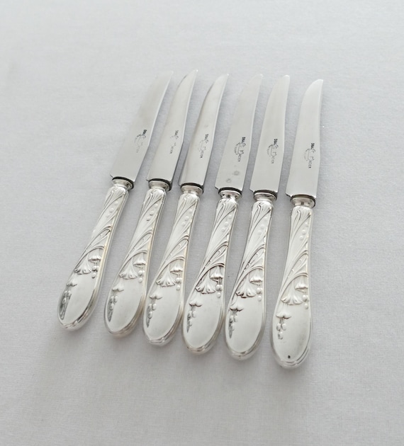 6 Silver Plated Art Nouveau dessert Knives by Saglier Frères - c. 1900 | Antique Jugendstil Flatware | Silverplated Floral knife Set