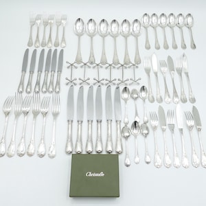 Può includere: Un grande set di posate in argento composto da varie forchette, coltelli e cucchiai con manici decorati, accompagnato da diversi poggia coltelli in metallo e una scatola verde scuro con il testo bianco Christofle sul coperchio.
