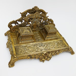 Antique French Brass Inkwell Set – Second Empire Style Desk Set – Inkstand with Porcelain Pots – c.1870–1890