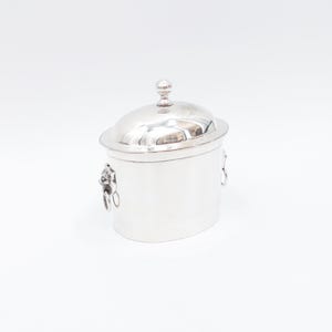 Op de afbeelding: Een zilverkleurige, ovaalvormige container met een deksel en een kleine knop bovenop. De container heeft twee leeuwenkopgrepen aan de zijkanten. Het deksel is licht gewelfd en reflecteert de omgeving.