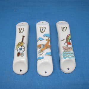 Porcelain Child&#39;s Mezuzah Case Sports Noah Plane Reida Judaica