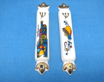 Porcelain Mezuzah Case Jerusalem and Music Hand Painted in Israel By Lily