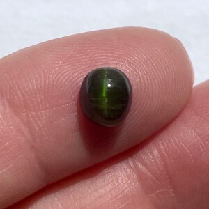 May include: A dark green oval cabochon gemstone with a chatoyant effect. The stone has a smooth, polished surface and a dark green color with a hint of black.