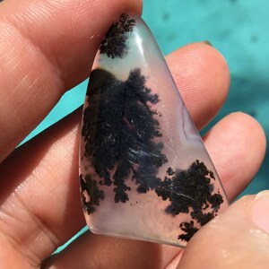 May include: A triangular shaped, translucent, light pink agate with black dendritic inclusions. The agate is smooth and polished.