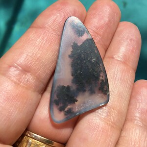 May include: A triangular piece of agate with a dendritic pattern in shades of black, grey, and white. The agate is translucent and has a slight pink hue. The piece is approximately 5 cm long and 4 cm wide. The agate is signed "D. Beatty".