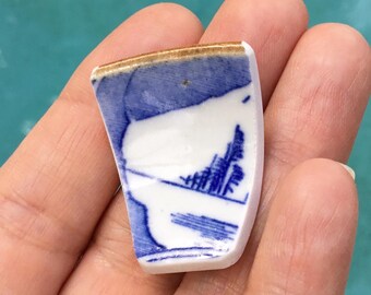 Cabochão de porcelana japonesa quebrada azul e branca de cerâmica 33x26mm para design de joias - pingente, colar, pulseira