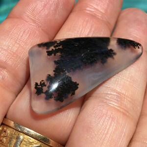May include: A translucent, light grey agate cabochon with black dendritic inclusions. The cabochon is shaped like a triangle with rounded edges.
