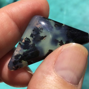 May include: A triangular shaped, polished agate cabochon with a black, white, and grey dendritic pattern.