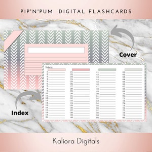 Puede incluir: Un conjunto de tarjetas de memoria digitales imprimibles con un patrón de chevron rosa y gris. La portada tiene un espacio en blanco para un título. La página de índice tiene los números del 1 al 80 con líneas para escribir.