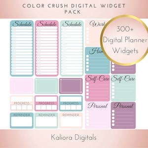 May include: A digital planner widget pack with over 300 colorful planner stickers. The stickers include sections for schedule, work, home, self-care, progress, reminder, and personal. The text "Color Crush Digital Widget Pack" and "Kaliora Digitals" are also included.