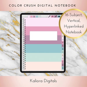 May include: A digital notebook with a pink, purple, blue, and green color scheme. The notebook is divided into 16 sections, each with a number from 6 to 16. The text "16-Subject, Vertical, Hyperlinked Notebook" is displayed in a gold circle on the right side of the image. The text "Kaliora Digitals" is displayed at the bottom of the image.