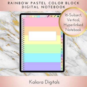 Könnte beinhalten: Ein digitales Notizbuch mit einem Regenbogen-Pastellfarbblock-Design. Das Notizbuch ist 16-fach, vertikal und hyperverlinkt. Der Text "16-Subject, Vertical, Hyperlinked Notebook" befindet sich in einem Kreis mit rosa Hintergrund. Der Text "Kaliora Digitals" befindet sich am unteren Rand des Bildes.