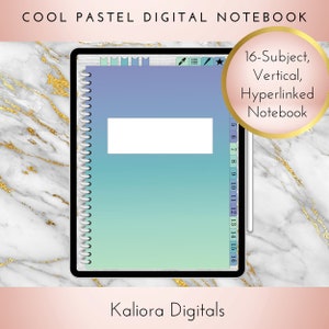 May include: A digital notebook with a blue and green gradient background. The notebook has a white title bar with a pencil, list, and star icon. The notebook has a white box for a title and a spiral binding on the left side. The text "16-Subject, Vertical, Hyperlinked Notebook" is on the right side of the image. The text "Kaliora Digitals" is at the bottom of the image.