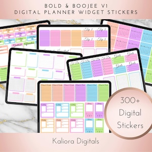 Puede incluir: Una colección de pegatinas digitales para agenda mostradas en pantallas de tabletas, con diseños coloridos y texto como Top 3, To Do, Goals, Books to Read y Movies to Watch. El conjunto incluye más de 300 pegatinas digitales para organizar.