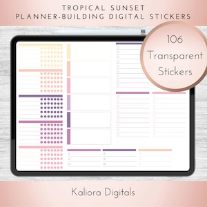 May include: A digital planner sticker set with 106 transparent stickers in a tropical sunset theme. The stickers feature various colors, including pink, purple, and orange, and are designed for use in digital planners.