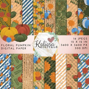 Floral Pumpkin Digital Scrapbook Paper | JPEG | 300 DPI