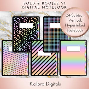 Op de afbeelding: Vijf digitale notitieboeken met de tekst BOLD & BOOJEE V1 DIGITAL NOTEBOOK en 24-Subject, Vertical, Hyperlinked Notebook. De covers bevatten diverse patronen zoals veelkleurige stippen, ruitjes, chevron, diagonale strepen en een pastelkleurig verloop.
