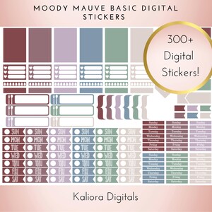 Puede incluir: Conjunto de pegatinas digitales en tonos malva, azul y verde. Incluye varias formas, etiquetas y pegatinas de días de la semana. El texto dice "MOODY MAUVE BASIC DIGITAL STICKERS" y "300+ Digital Stickers!"