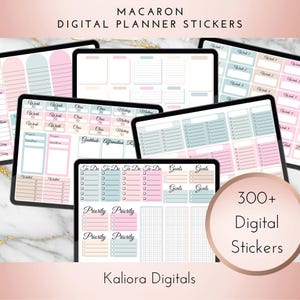 Puede incluir: Un conjunto de pegatinas digitales para planificadores en colores pastel rosa, azul y beige. Las pegatinas incluyen varias secciones para listas de tareas, objetivos, prioridades y planificación semanal. El texto "300+ Pegatinas digitales" y "Kaliora Digitals" también se incluyen en la imagen.