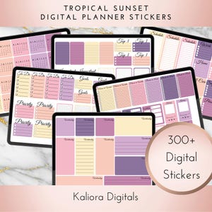 May include: A digital planner sticker set with over 300 stickers featuring a tropical sunset theme. The stickers are in shades of pink, purple, and yellow with black outlines. The stickers include various planner elements such as calendars, to-do lists, priority lists, goals, and schedule sections.