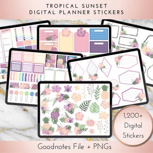 Könnte beinhalten: Eine Sammlung digitaler Planer-Aufkleber mit dem Titel Tropical Sunset Digital Planner Stickers, die über 1.200 Elemente in Goodnotes- und PNG-Formaten enthält. Die Aufkleber zeigen florale Muster, Ananas, Blätter und verschiedene Rahmen in Rosa-, Lila- und Gelbtönen.