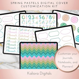 Puede incluir: Un kit de personalización de planificadores digitales con colores pastel y un patrón de chevron. El kit incluye números, etiquetas y una variedad de elementos decorativos. ¡Personaliza tus diarios, cuadernos y planificadores! Kaliora Digitals.