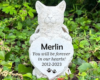 Personalized Cat Memorial Statue, Angel Wings, Heart Stone, Outdoor Garden Decor