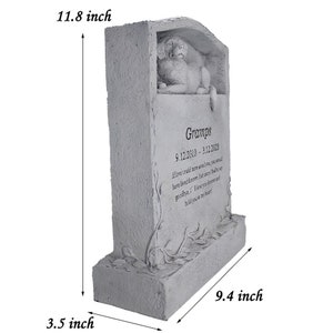 May include: A gray stone pet memorial with a dog sculpture, the inscription "Gramps 9.12.2010 - 3.12.2023" and a message about love and remembrance. The memorial is 11.8 inches tall, 9.4 inches wide, and 3.5 inches deep.