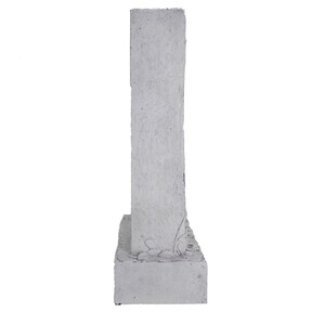 May include: A white concrete garden statue with a textured surface and a floral design. The statue is tall and narrow, with a rectangular base.